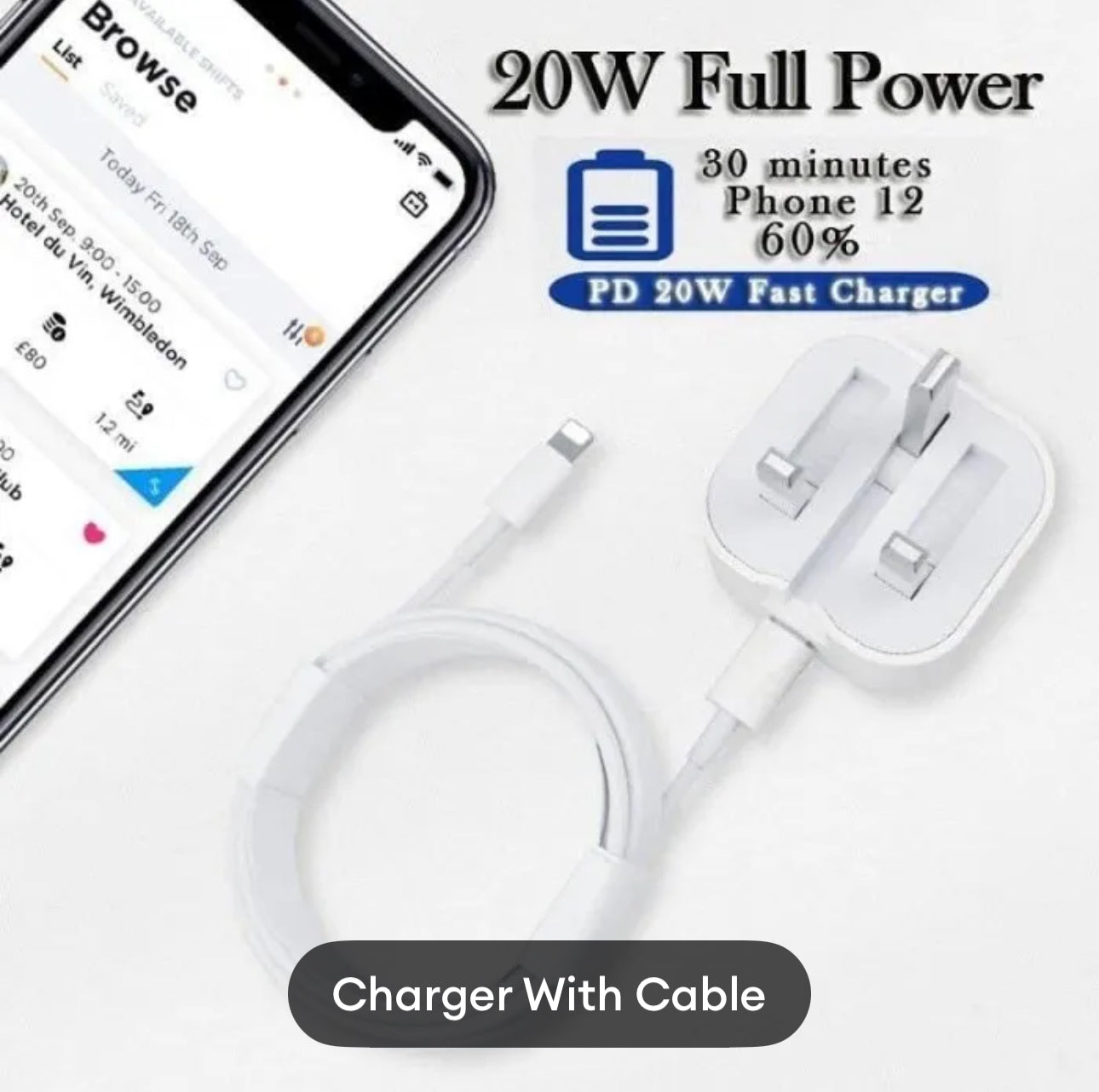 20W Fast Charging 3 Pin Original Charger with Free Cable