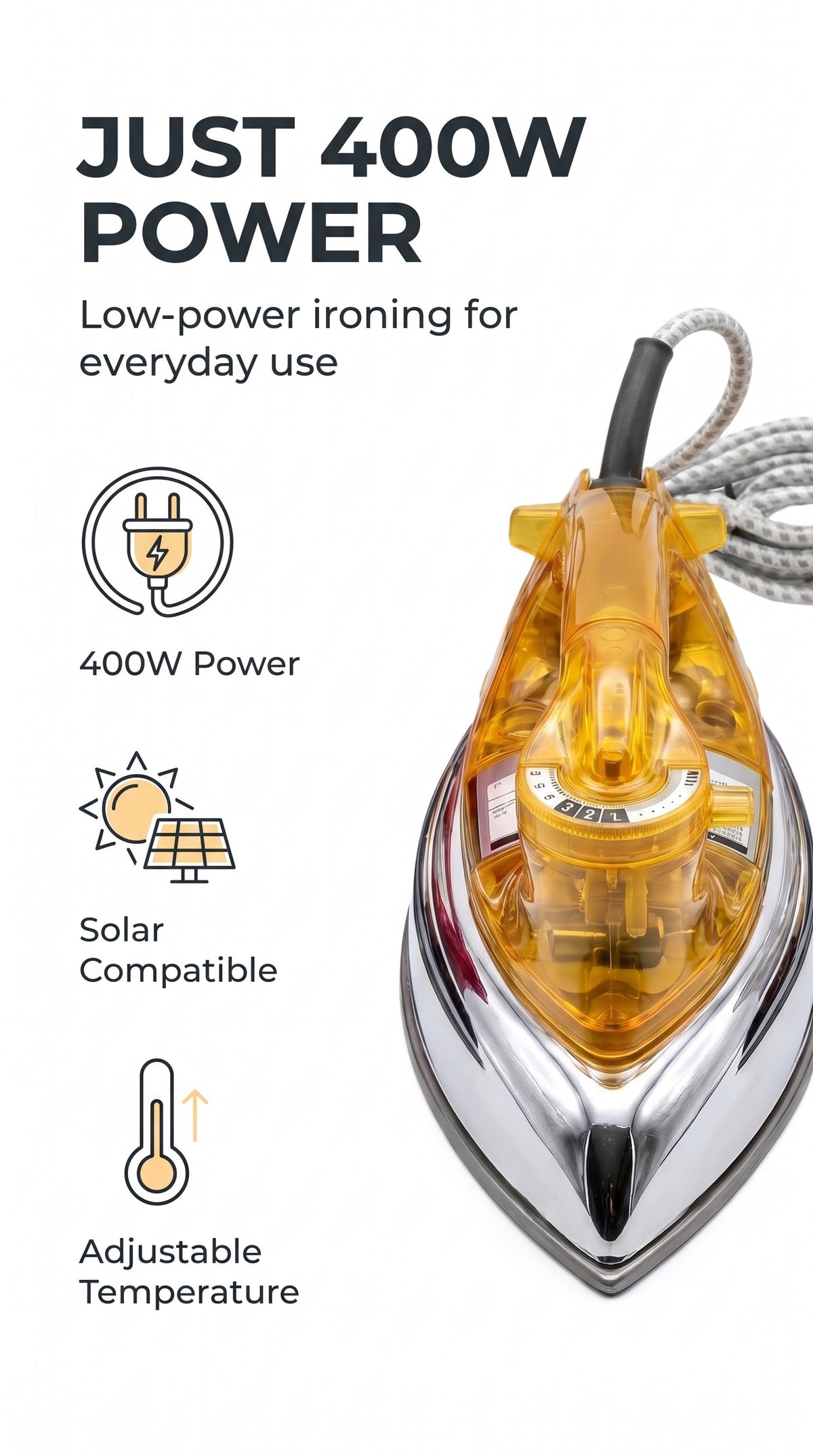 National Smart Automatic Dry Iron – 400W Low Power, Solar Compatible, Non-Stick Sole Plate