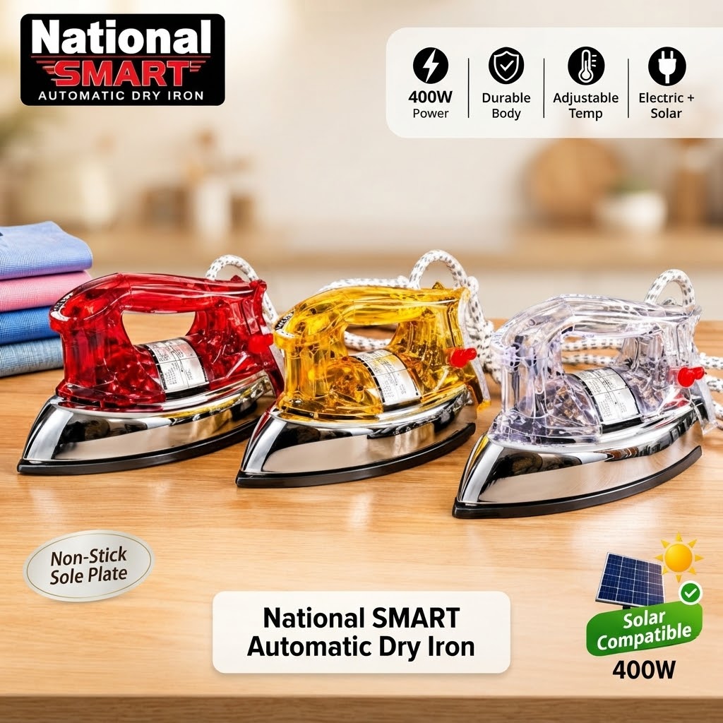 National Smart Automatic Dry Iron – 400W Low Power, Solar Compatible, Non-Stick Sole Plate