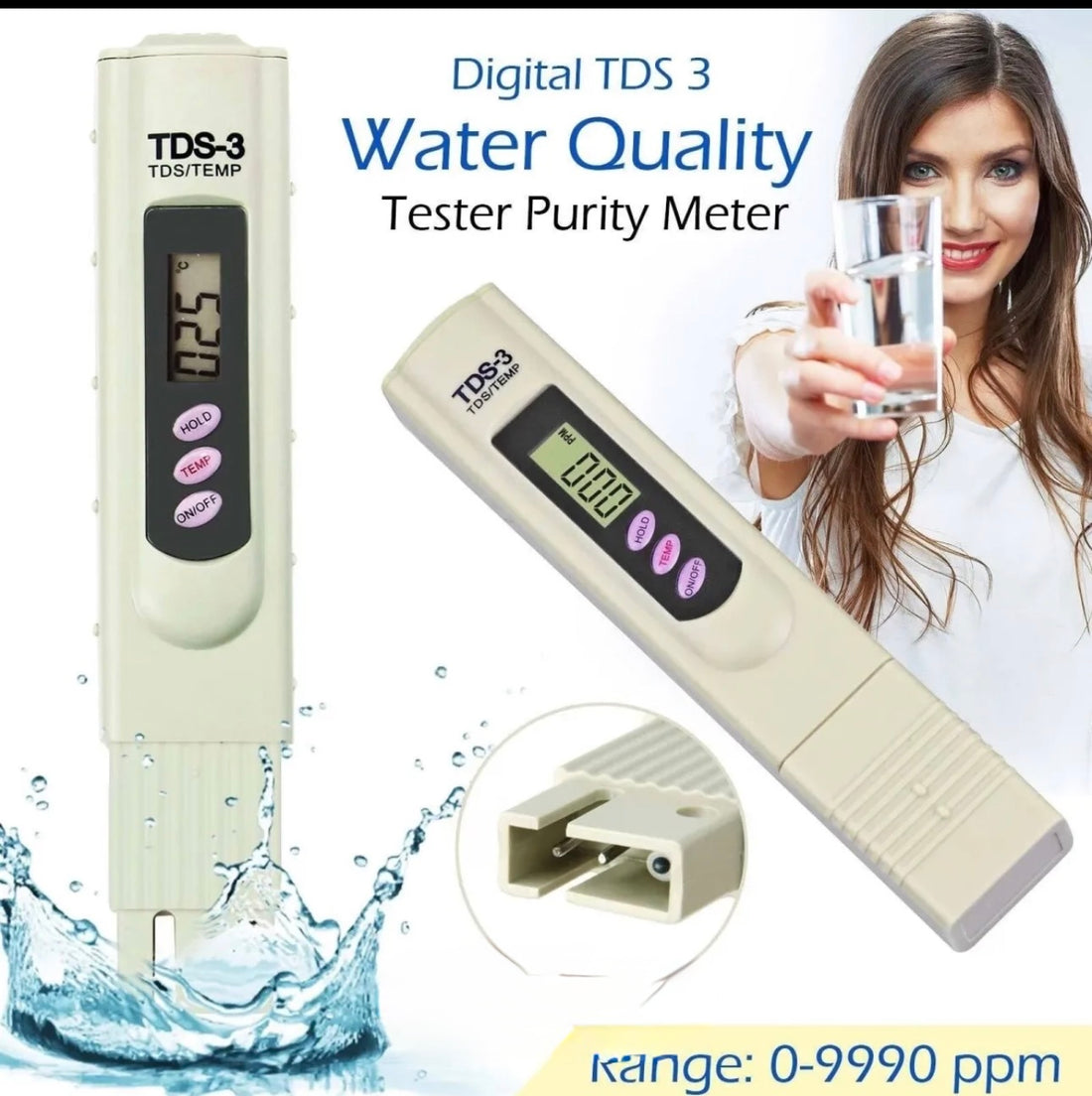 Digital TDS Meter 3 – Water Quality & Purity Tester (0–9990 ppm) with Temperature Display