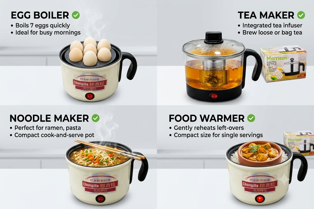 Imported 3-in-1 Electric Kettle (1.2L) – Food Warmer, Noodle Maker & Egg Boiler