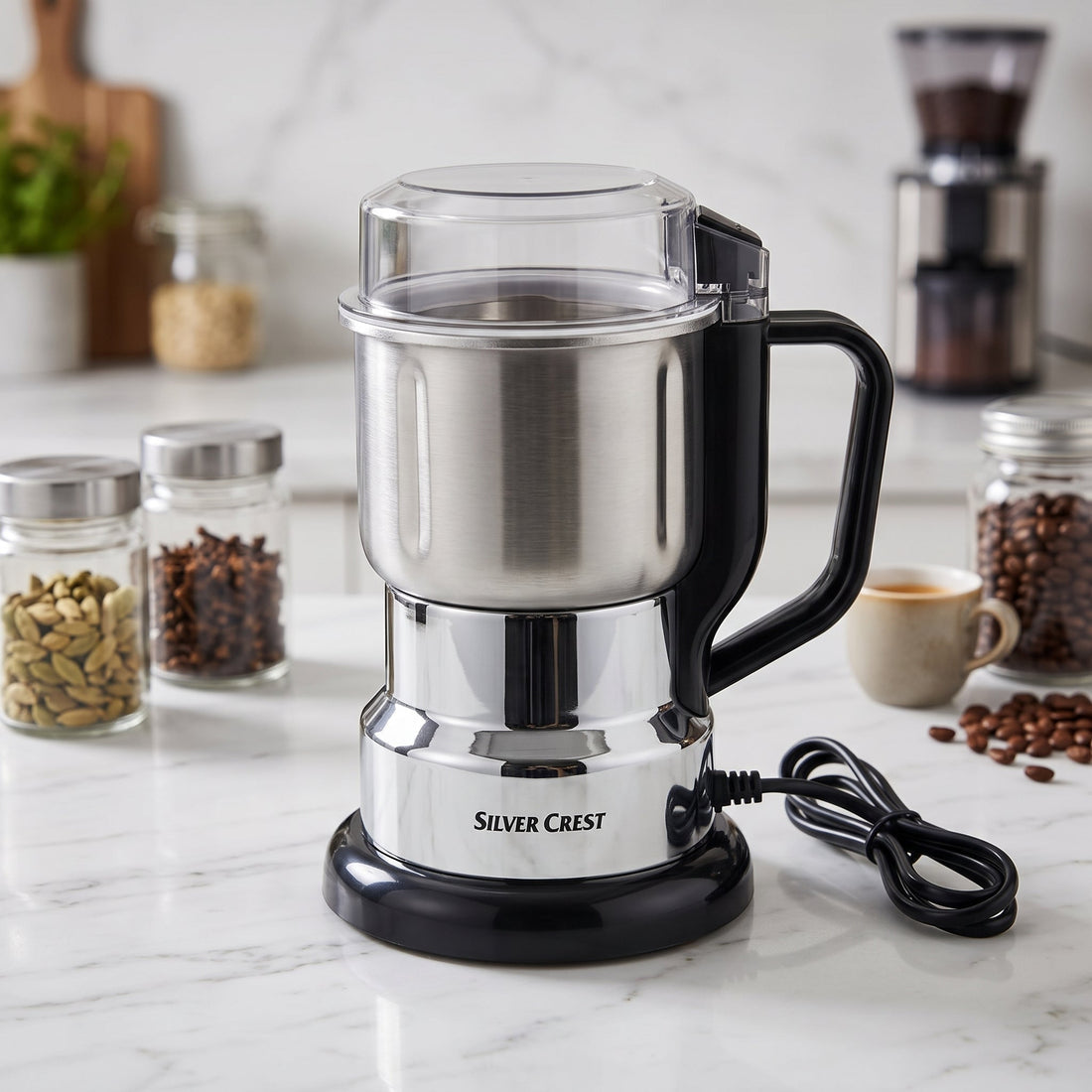 Silver Crest Multifunctional Grinding Machine – Electric Coffee, Spice & Grain Grinder with Stainless Steel Bowl and Handle