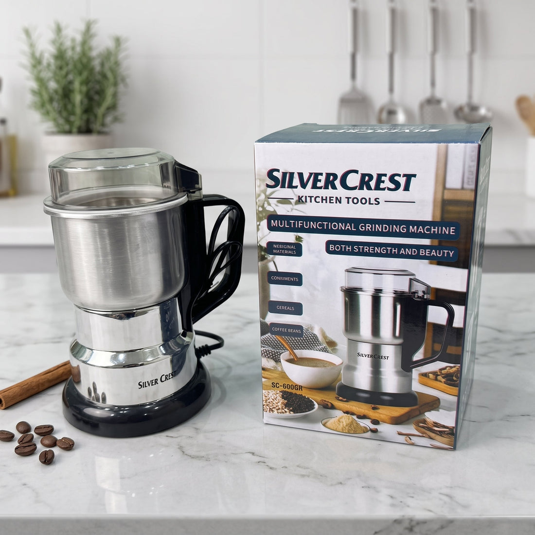Silver Crest Multifunctional Grinding Machine – Electric Coffee, Spice & Grain Grinder with Stainless Steel Bowl and Handle