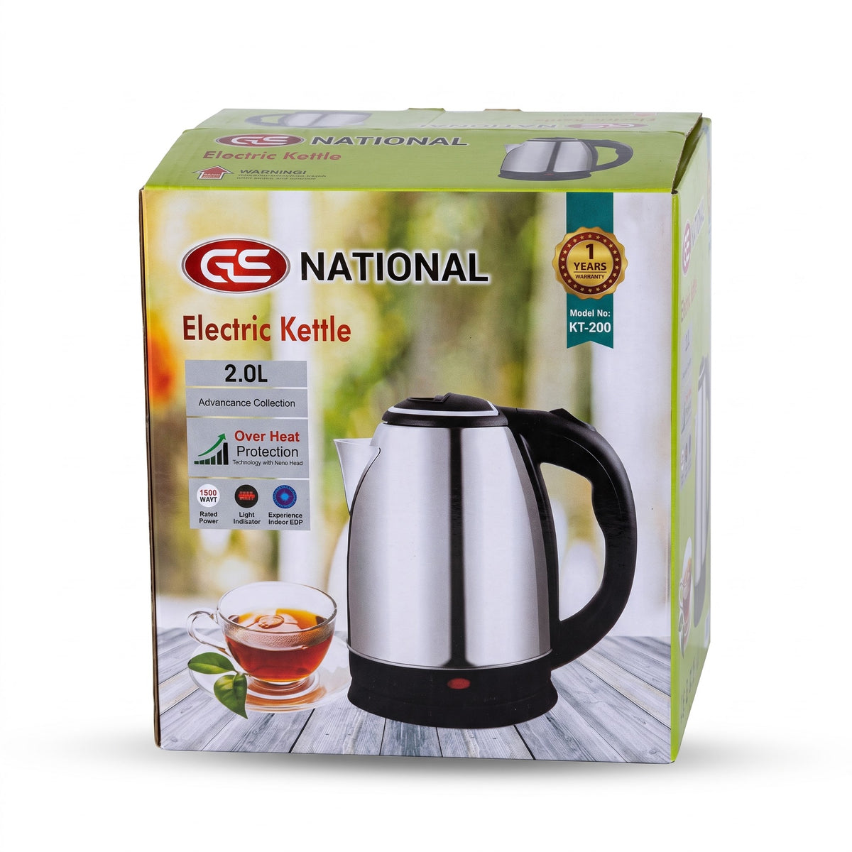 National KT-200 Electric Kettle 2.0L 1500W Stainless Steel with Overheat Protection & 1-Year Warranty
