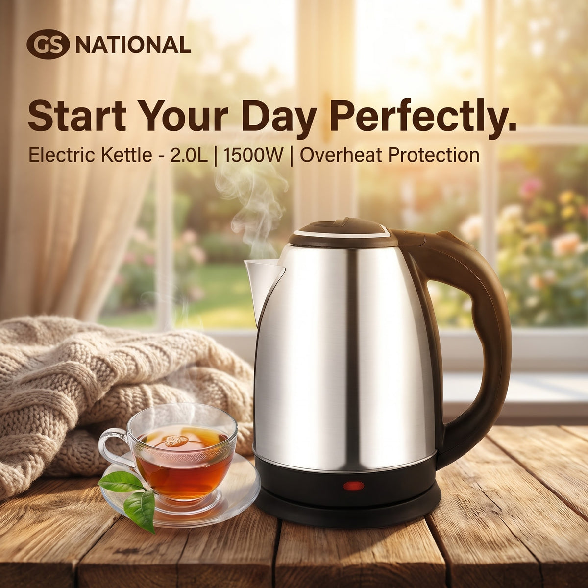 National KT-200 Electric Kettle 2.0L 1500W Stainless Steel with Overheat Protection & 1-Year Warranty