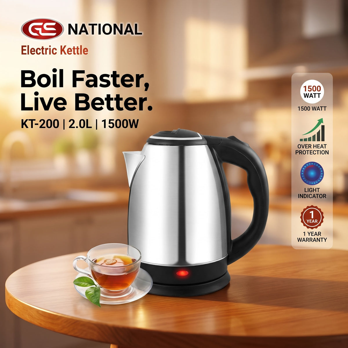 National KT-200 Electric Kettle 2.0L 1500W Stainless Steel with Overheat Protection & 1-Year Warranty