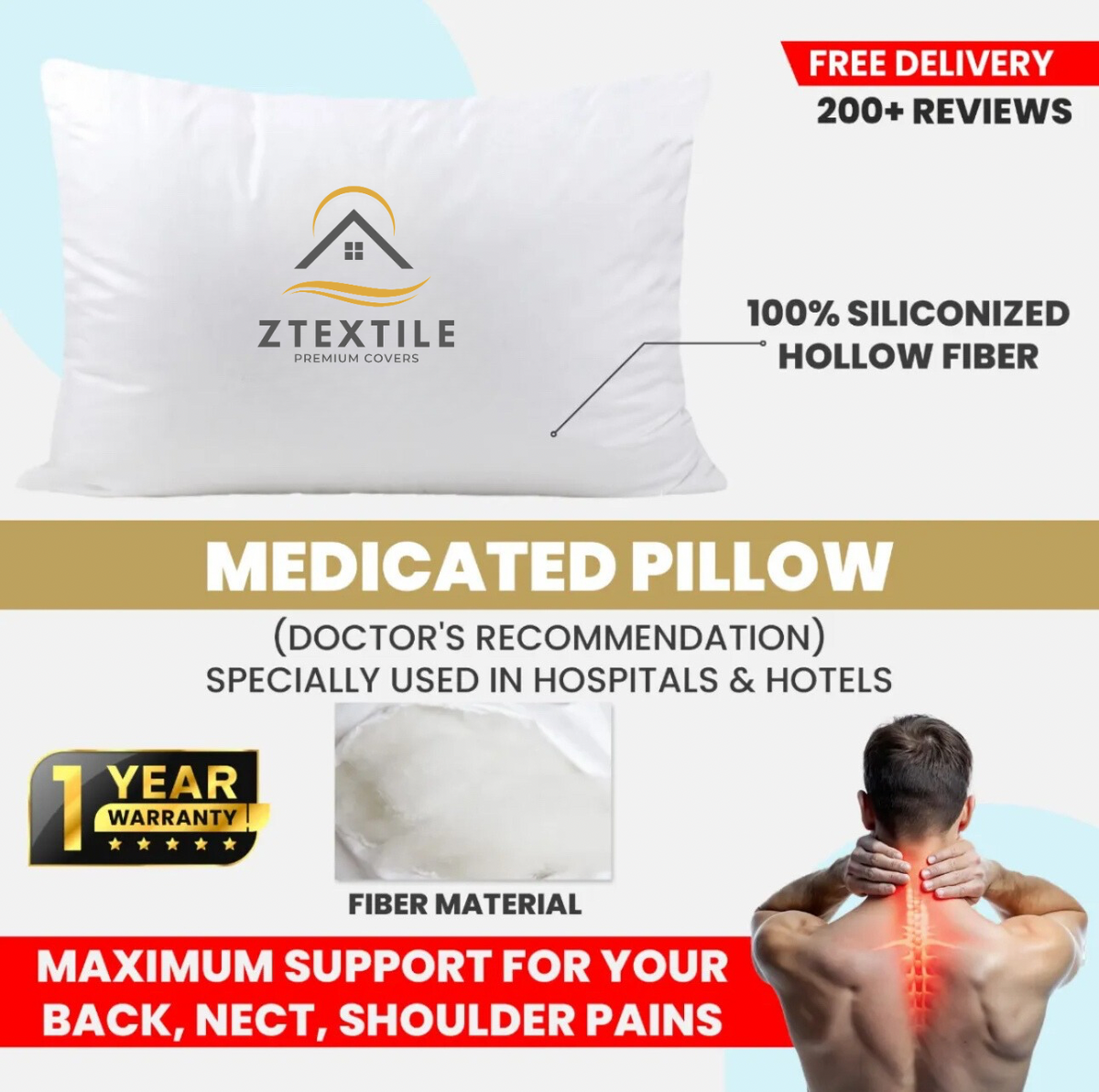 Soft Medicated Pillow – Filled with Korean Hollow Fibers for Comfort and Support
